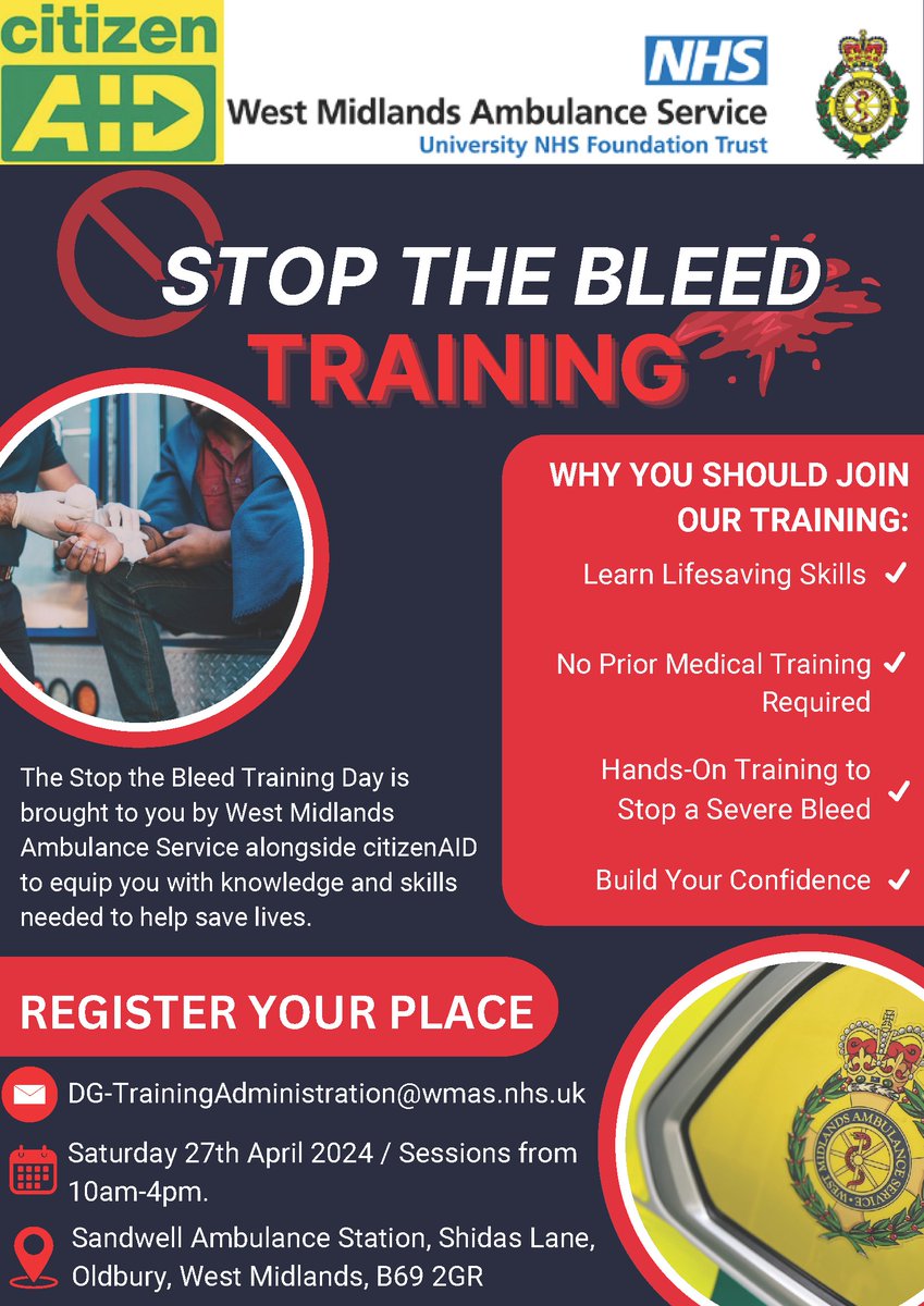 West Midlands Ambulance Service and citizenAID are putting on Stop the Bleed Training on Saturday 27 April! To register your place, email DG-TrainingAdministration@wmas.nhs.uk