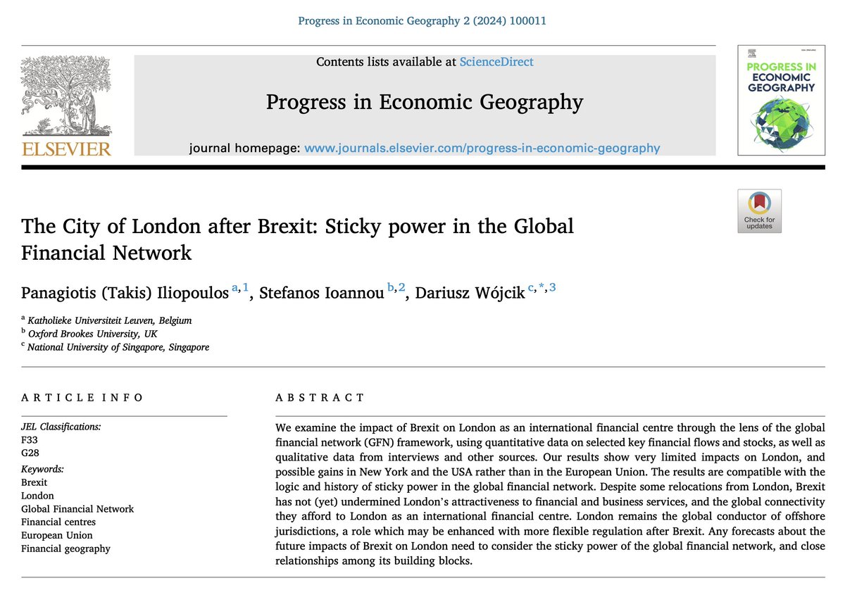 📗New paper published in Progress in Economic Geography: 'The City of London after Brexit: Sticky power in the Global Financial Network' by @takisarena, Stefanos Ioannou and @geographydarek #OpenAccess #brexit #globalfinancialnetwork #PEG sciencedirect.com/science/articl…