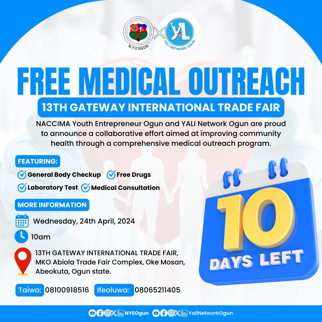 Happy New Week.🤩 

We have just 10 days to our medical outreach. 

We still need your support. 

Account Number: 0288473413 
Bank:Wema Bank 
Account Name: Yali NETWORK OGUN 

Have a productive week.

#MedicalOutreach #yalinetworkogun #YALINetwork  #NACCIMAOgun