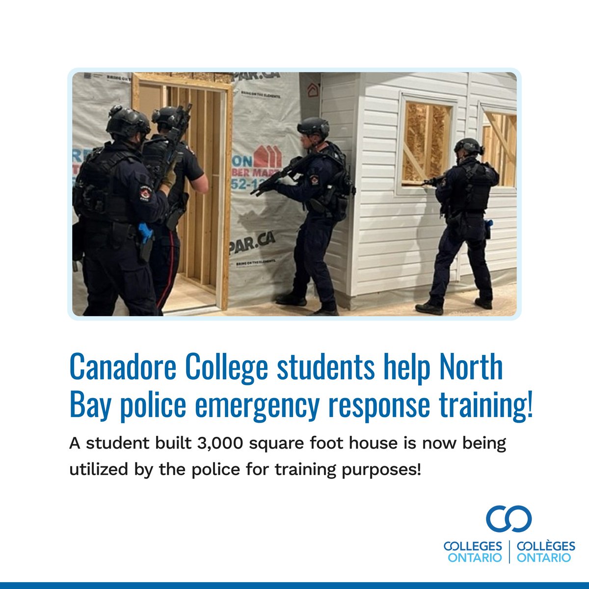 What an incredible partnership! A 3,000 square foot house - constructed by students as part of @CanadoreCollege's construction, carpentry and renovation programs - is now utilized by @NorthBayPolice for training purposes. Each year, students build a new structure for officers to