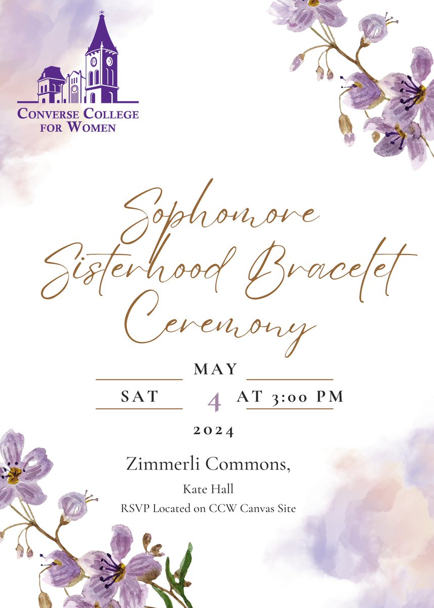 If you are a current sophomore in the Converse College for Women, please make plans to attend a very special tradition in your honor! The Sophomore Sisterhood Bracelet Ceremony & Dessert Party will be Saturday, May 4th from 3:00-4:00 p.m. in Zimmerli Commons. 💜 #ccw #cc4women