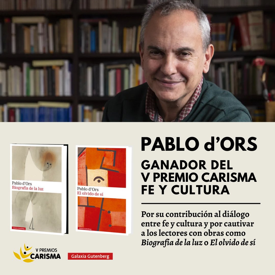 La conferencia española de religiosos, @MediosConfer, acaba de otorgarme el Premio Carisma por mi contribución al diálogo entre fe y cultura y 'cautivar a los lectores con obras como #BiografíaDeLaLuz o #ElOlvidoDeSí'. Me hace ilusión compartirlo. ¡Gracias!