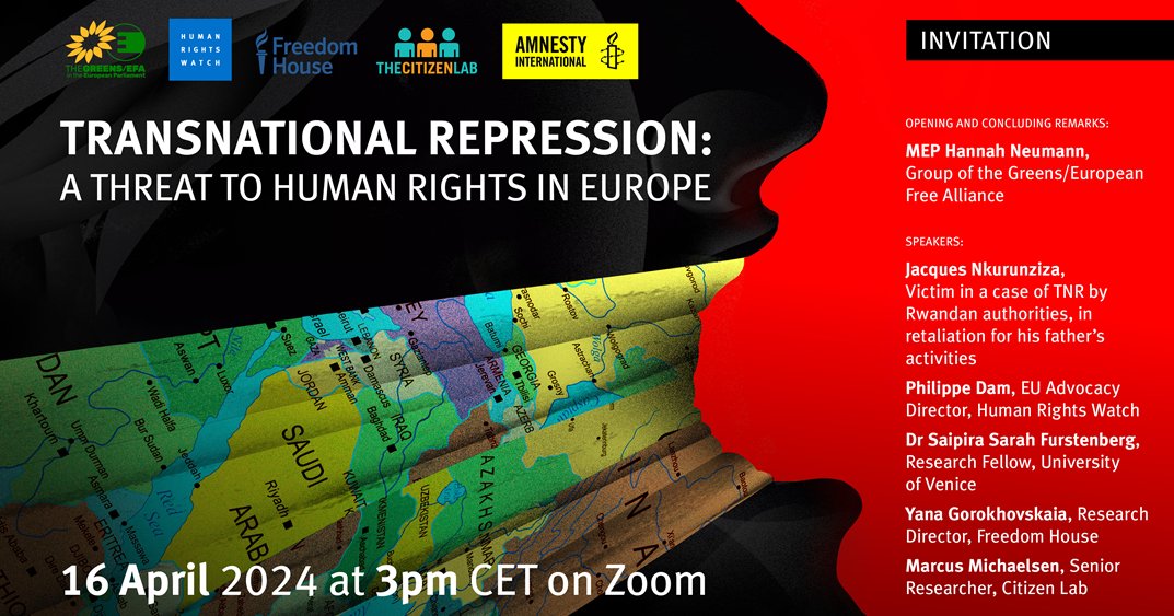 L'UE devrait être mieux préparée pour prévenir et répondre à la #RépressionTransnationale sur son territoire & ds le monde. Evènement demain en ligne (en 🇫🇷&🇬🇧) avec @hrw, @freedomhouse @citizenlab + témoignage d'une victime 📅 16 avril ⏲️ 15h00 CET 🔗hrworg.zoom.us/webinar/regist…