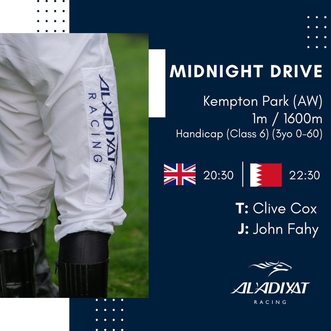 MIDNIGHT DRIVE heads to @kemptonparkrace where she will run over 1m / 1600m for the first time on her handicap debut. John Fahy will take the ride for Clive Cox!