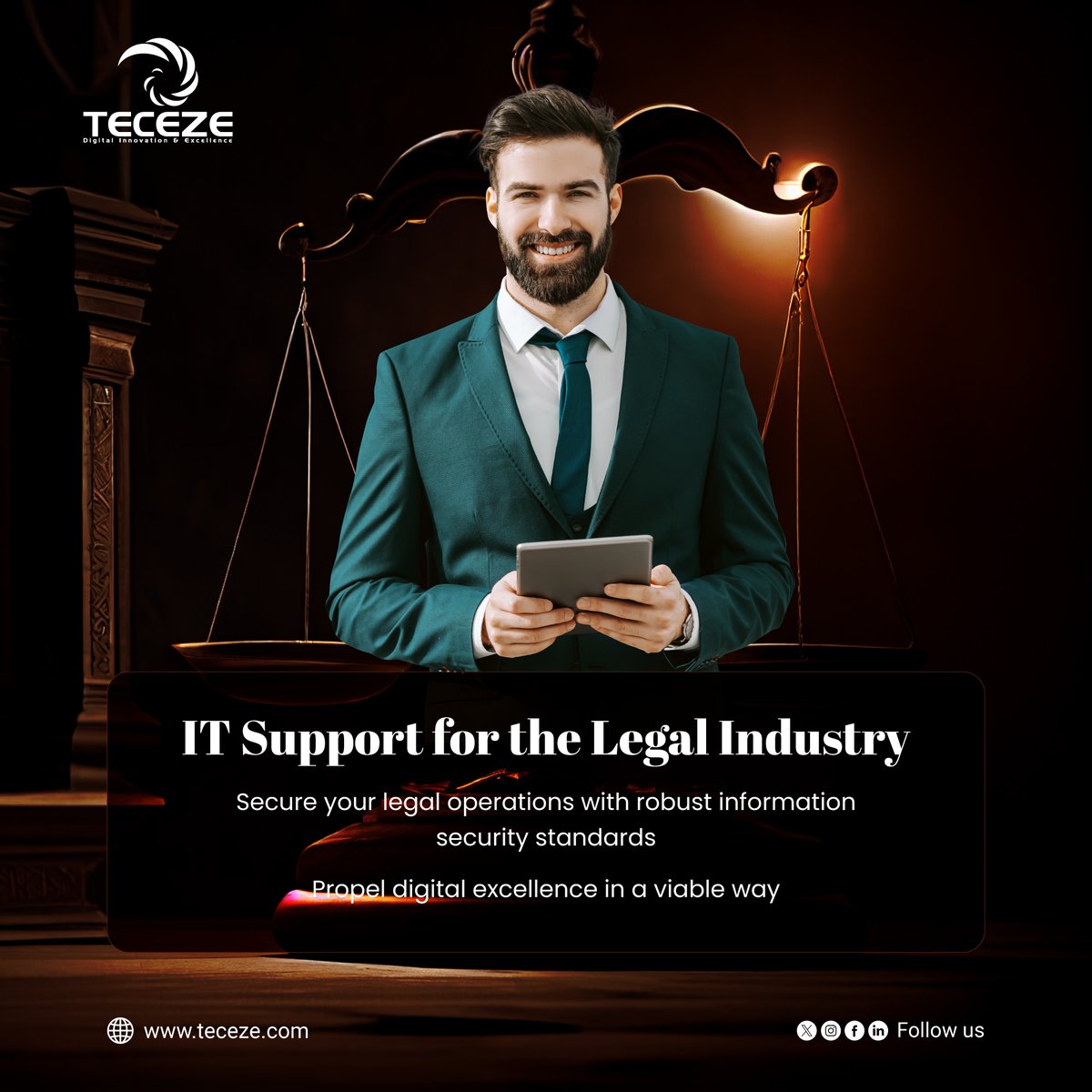 Propel the digital operations of your legal firm with our splendid support services. Secure your critical data sets by adopting stringent security standards. #teceze #legalsector #datasecurity #digitaloperations #ITSupportServices #serviceexcellence