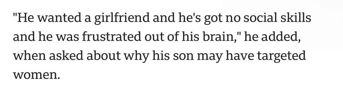 This quote from the article about the MAN that targeted ONLY WOMEN in his rampage, in Australia, says everything. This is why women will always pick the bear. Why women treat ALL MEN as a threat. This is our reality; man can’t get a girlfriend, is lonely, lashes out at