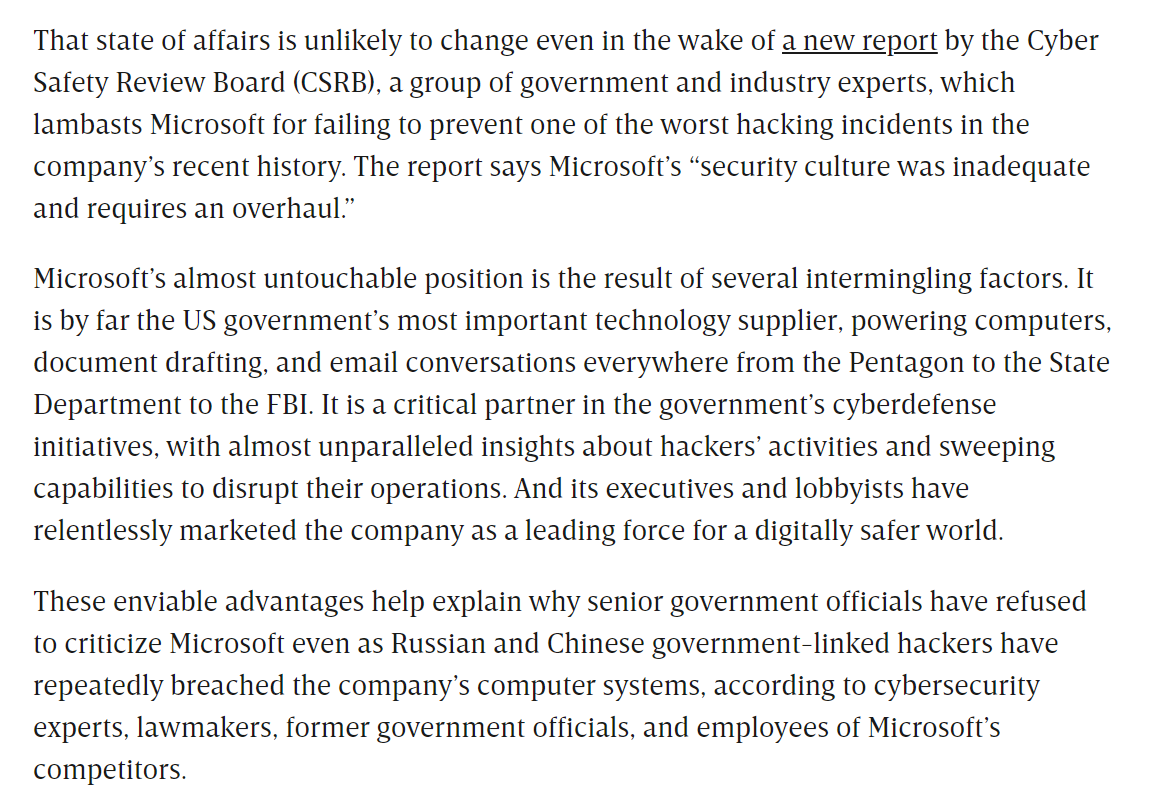 The U.S. government has a Microsoft problem. Market dominance, inertia, and savvy PR have almost completely insulated the hack-plagued company from meaningful oversight, even as Biden officials preach corporate accountability. My new @WIRED story: wired.com/story/the-us-g…