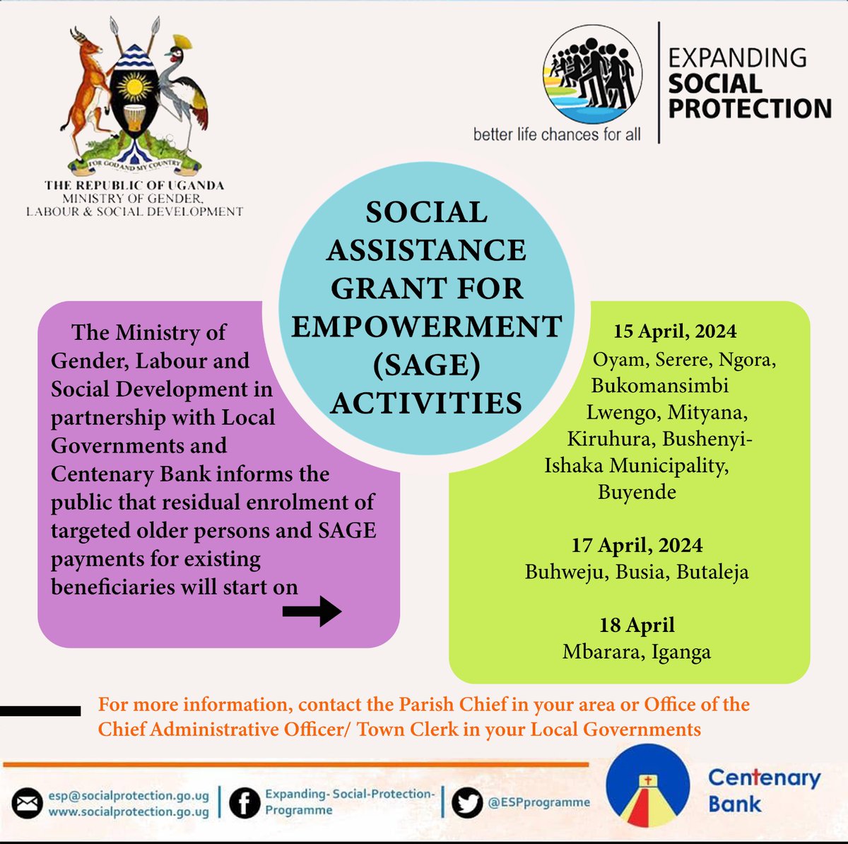 Weekly update: Beginning today 15th, the @ESPprogramme field teams, working with local governments and @CentenaryBank are paying out the SAGE cash to enrolled beneficiaries. See flier for details. @BettyAmongiMP @AggreyKibenge @mofpedU @MoLGUganda @GCICUganda @GovUganda