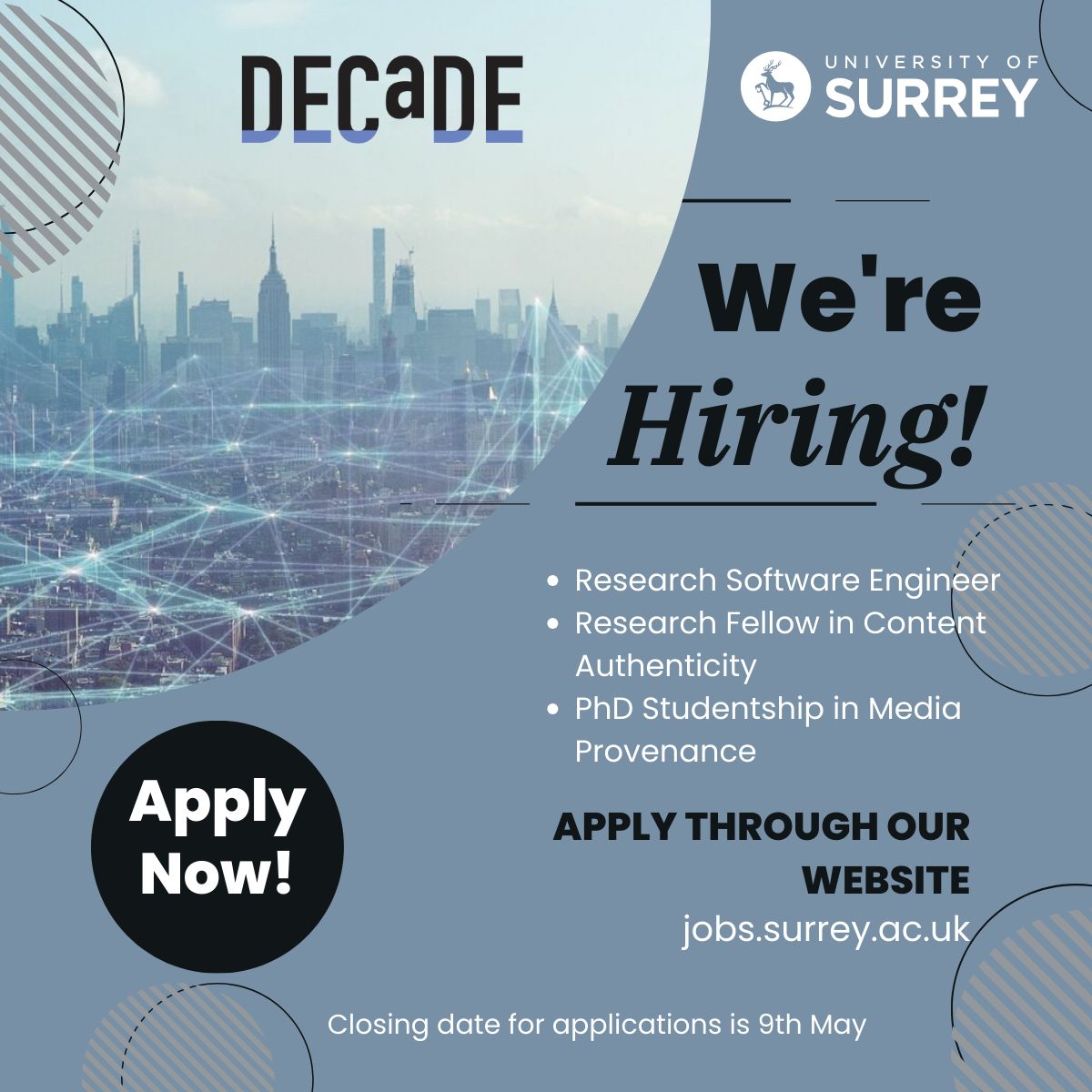 DECaDE (@decade_hub) on Twitter photo We are currently recruiting for three fantastic roles!
This is an exciting opportunity to be part of our EPSRC funded National Research Centre in Guildford, working with a world-leading team of researchers spanning major industry partners! decade.ac.uk/?page_id=980
<a href="/cvssp_research/">CVSSP Research</a> We are currently recruiting for three fantastic roles!
This is an exciting opportunity to be part of our EPSRC funded National Research Centre in Guildford, working with a world-leading team of researchers spanning major industry partners! decade.ac.uk/?page_id=980
<a href="/cvssp_research/">CVSSP Research</a>