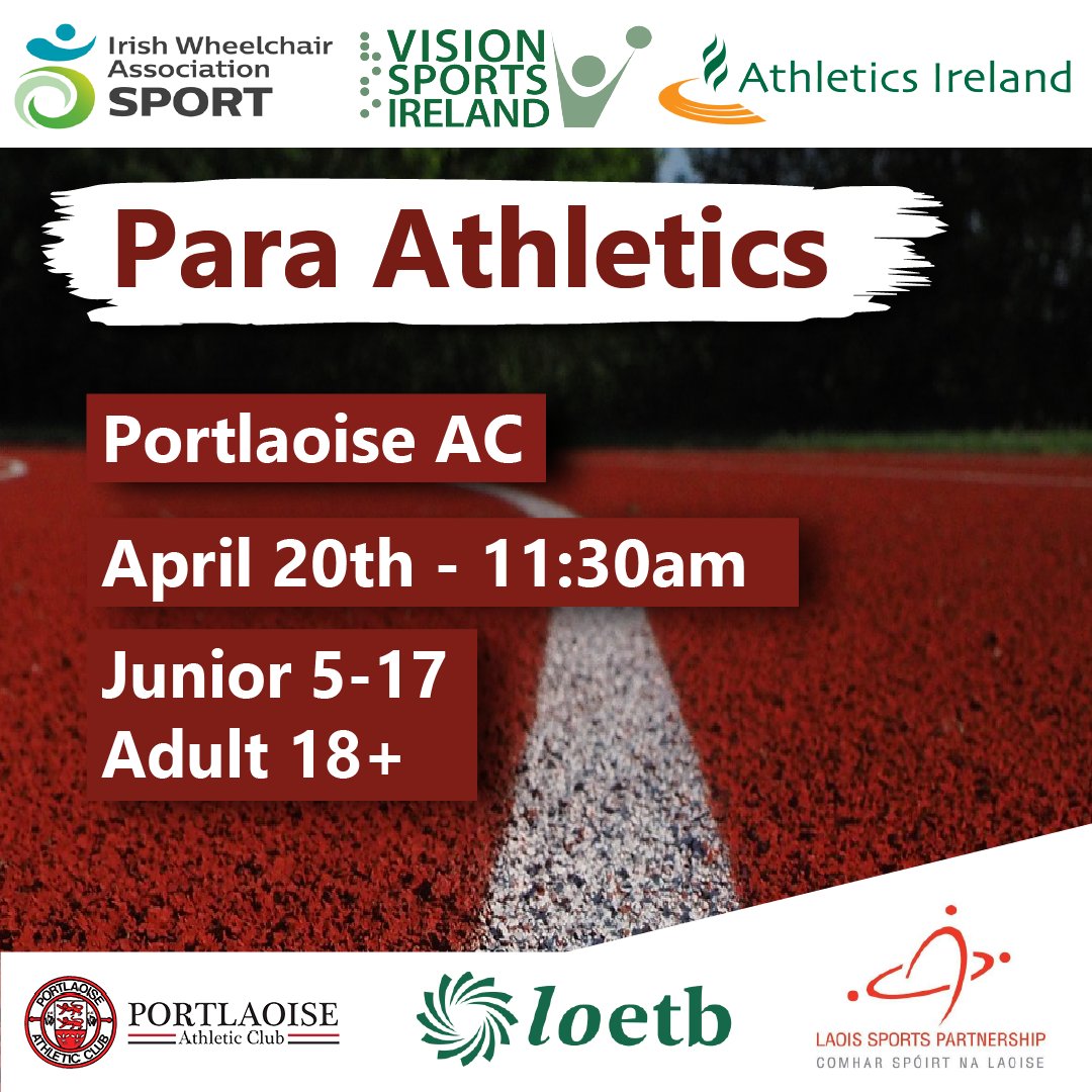 Para athletics is coming to Portlaoise! Join us, alongside @visionsportsirl and @irishathletics on April 20th and try everything that para athletics has to offer! For more info or to register, contact Joanne at joanne.wall@iwa.ie @LaoisSportsLSP