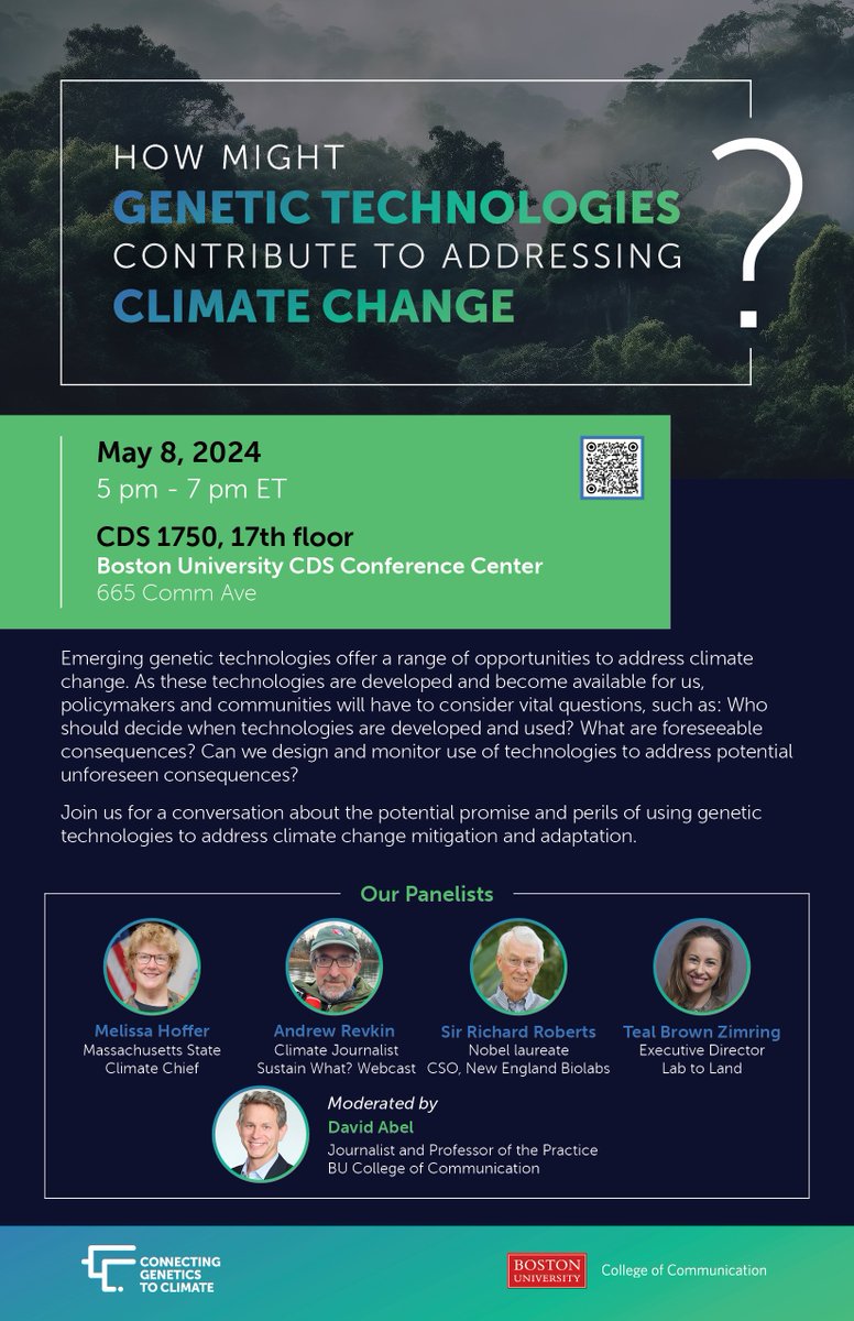 🌱 Are you interested in how genetic technologies could help with challenges posed by climate change? Join us on May 8th for a great conversation with an amazing set of panelists!

✍ Information and registration here: connectgenetics.org/news/bostonmay…