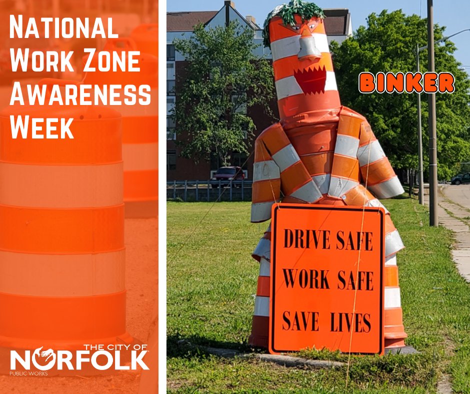 Meet Burghy, Seymour and Binker - Norfolk Department of Public Works' barrel monsters - and they've come out of hiding to remind motorists to be safe in construction zones because it's National Work Zone Awareness Week! #NWZAW 🦺☀️🚙⚠️