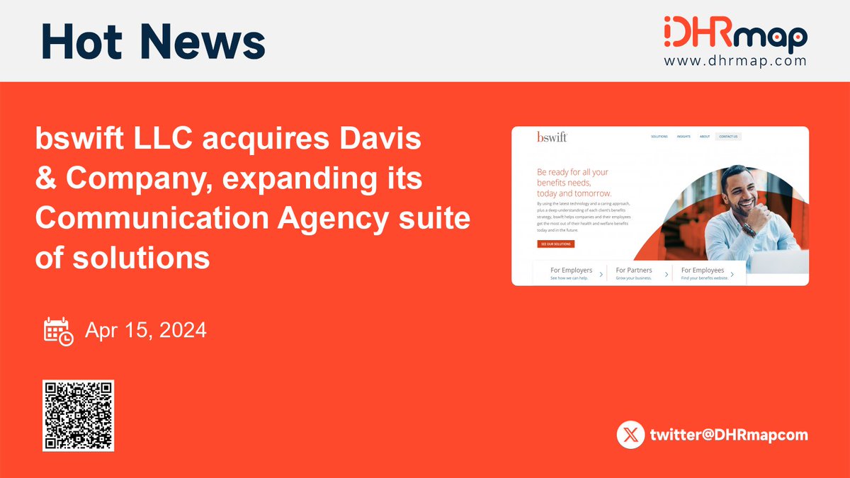 DHRmapcom's tweet image. HRTech News: bswift acquires Davis &amp;amp; Company, enhancing its communication and employee engagement solutions. The strategic move expands bswift’s offerings, ensuring comprehensive support for clients’ workforce changes. #HRtech  #bswift #EmployeeEngagement #Daviscompany…
