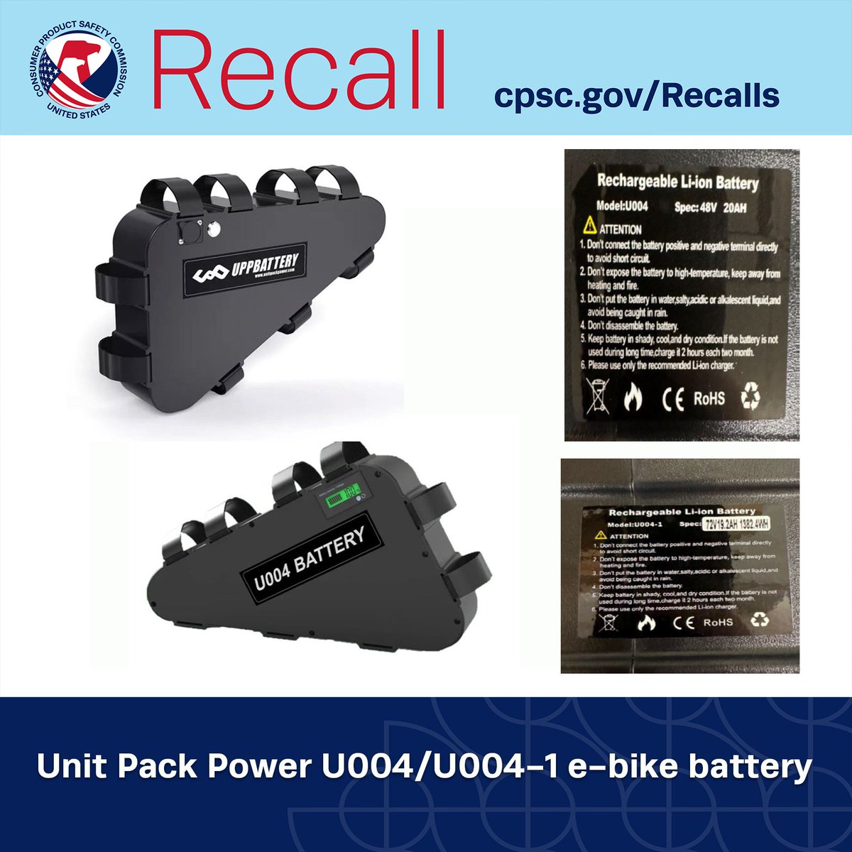 #WARNING: @USCPSC warns consumers to stop using Unit Pack Power (UPP) e-bike batteries due to fire and burn hazards; Risk of serious injury and death. cpsc.gov/Newsroom/News-…