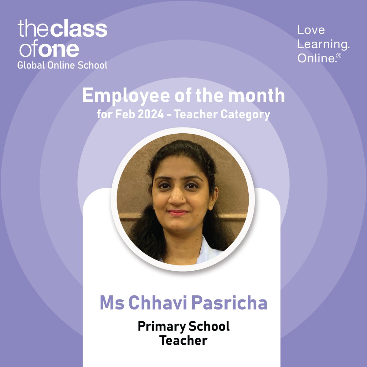 Celebrating Ms. Chhavi Pasricha for her exceptional dedication and nurturing approach in Primary School. She not only imparts knowledge but also instils a passion for learning, shaping young minds for a brighter future.

#EmployeeOfTheMonth #OnlineSchool #Eschool #FunLearning