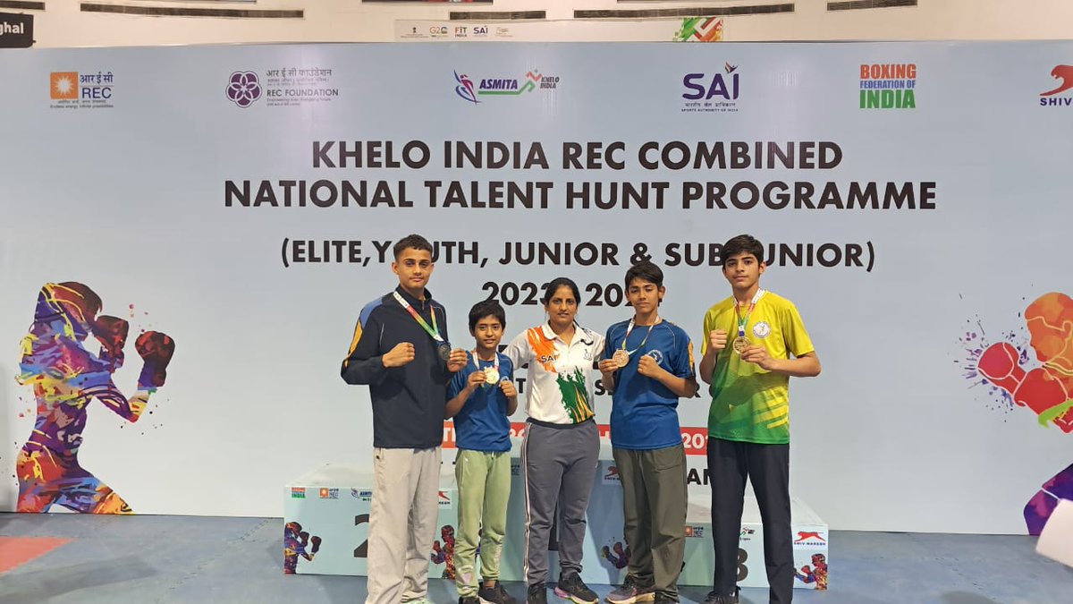 'Unstoppable champions at the Khelo India National Talent Hunt Boxing Championship! 🏅🥊 Samiksha, Niyati, Lakshay, and Tikam showcasing their prowess with gold and bronze medals in hand. 🌟 #KheloIndia #BoxingChamps #FutureStars