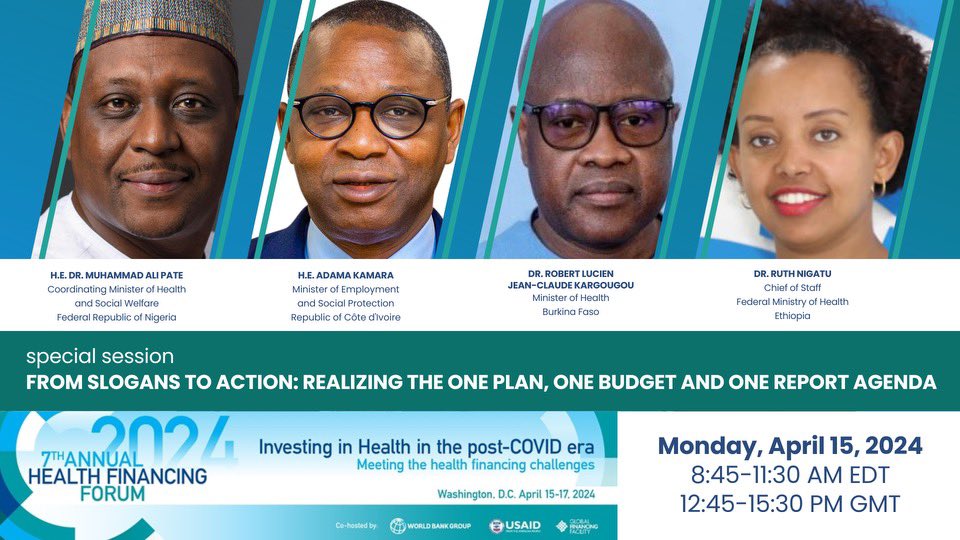 AHFF7 Session Starting Now! 

On the first panel, Ministers championing change in their countries discuss their actions around the One Plan, One Budget and One Report agenda and reflect on needed #healthfinancing reforms, challenges, opportunities. 

Registration required (free)…