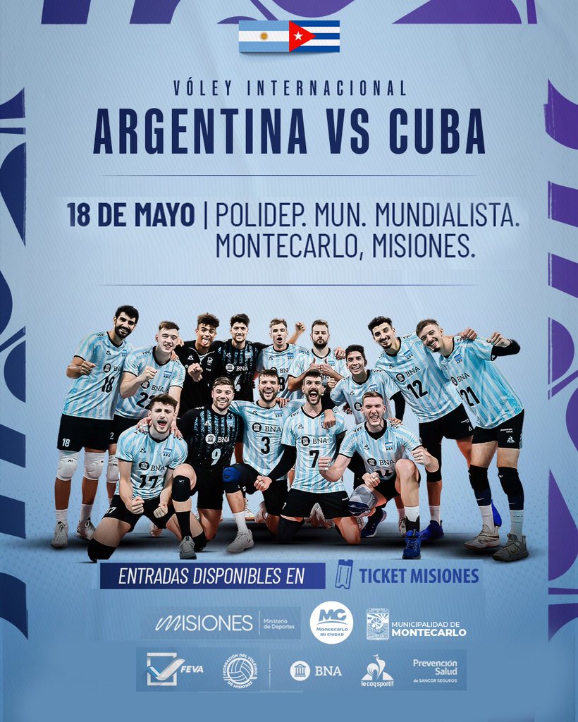Vóley internacional: Argentina vs. Cuba en #Misiones 🏐 

🎫Las entradas para presenciar el partido, de carácter histórico para el deporte misionero, se podrán conseguir a través de la plataforma ticketmisiones.com.

facebook.com/share/p/favzju…