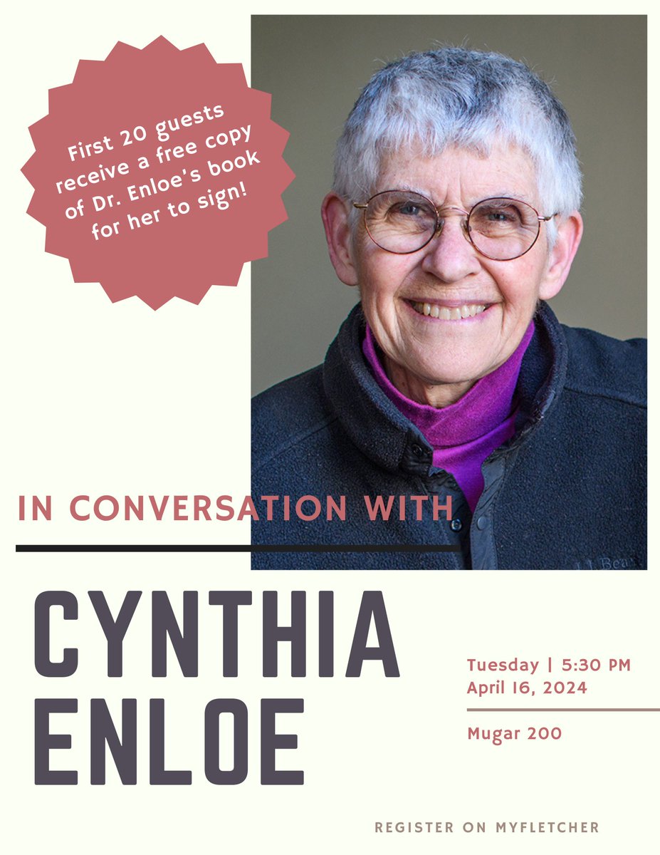 Gender & Intersectional Analysis (GAIA), Fletcher (@fletchergender) on Twitter photo Join #FletcherGAIA for a conversation with the brilliant Cynthia Enloe tomorrow at 5:30pm in Mugar 200!
<a href="/FletcherSchool/">The Fletcher School</a> <a href="/TuftsUniversity/">Tufts University</a>
#FemSecSt #FeministIR Join #FletcherGAIA for a conversation with the brilliant Cynthia Enloe tomorrow at 5:30pm in Mugar 200!
<a href="/FletcherSchool/">The Fletcher School</a> <a href="/TuftsUniversity/">Tufts University</a>
#FemSecSt #FeministIR