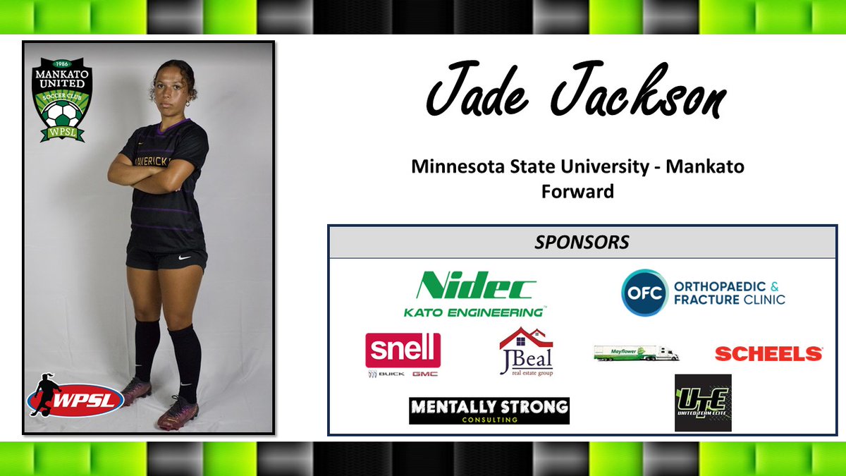 Welcome Jade Jackson to the Mankato <a href="/WPSL/">Women’s Premier Soccer League</a> Squad!!  Jade is a sophomore Forward <a href="/MinnStSoccer/">Minnesota State Soccer</a> where she tallied her first collegiate goal this season.  Look for more of that this Summer from Jade!!  #GoKato #HerGame <a href="/EqualTimeSoccer/">Equal Time Soccer</a> <a href="/KEYCNewsNow/">KEYC News Now</a> <a href="/Mankatonews/">Mankato Free Press</a>