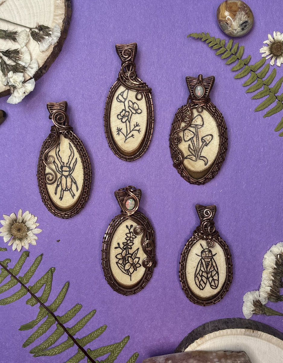 Super excited to finally share the full collection of pendants that I made with @lunarfairywraps ✨🪵💜 Each piece is truly one of a kind and we both put a lot of thought and work into this project🫶🏼 All 12 pendants will be available on my site on 4/21 at 3pm EST/2pm CST