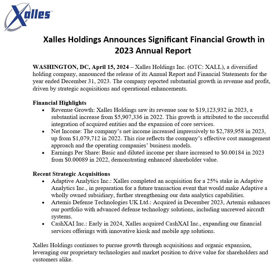 $XALL Announces Significant Financial Growth in 2023 Annual Report otcmarkets.com/stock/XALL/new… #Fintech #Drones #Defense #Stocks #Technology