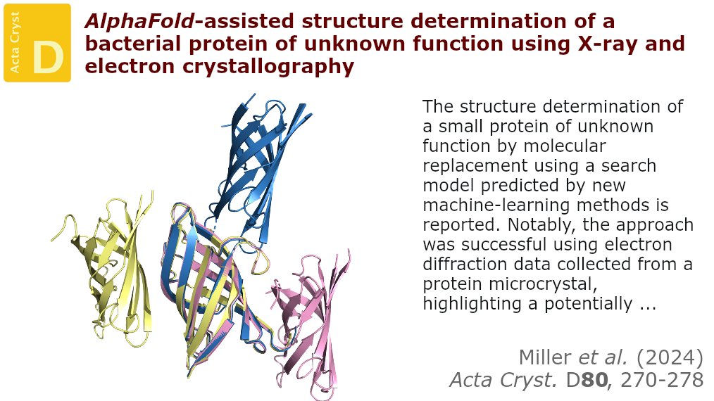 ActaCrystD's tweet image. Using both X-ray and microED data, the structure of the main fragment of a protein of unkown function was solved using a predicted model of that domain as a starting point @IUCr #ElectronDiffraction #ProteinStructurePrediction #BacterialProteins doi.org/10.1107/S20597…