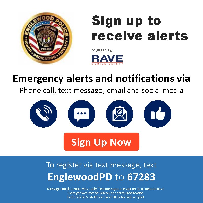 NEW ALERT SYSTEM! Englewood PD is no longer utilizing NIXLE. Sign up for RAVE to stay up to date to receive emergency alerts and other critical information! Sign up by texting “EnglewoodPD” to 67283.

#ENGLEWOODEXCELLENCE #englewoodpolice #alert #rave #nj #bergencounty #englewood