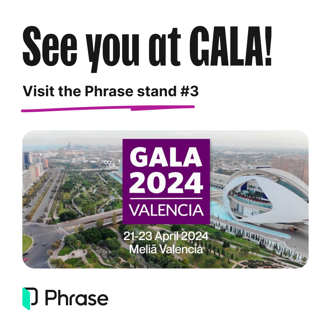 Join us at the GALA conference in Valencia, Spain, Apr 21-23, 2024! Visit the Phrase team at stand #3 for our latest AI-powered releases. Catch our CEO, Georg Ell, on a panel exploring how AI will transform localization jobs. Find out more and register: bit.ly/4cZYgAK