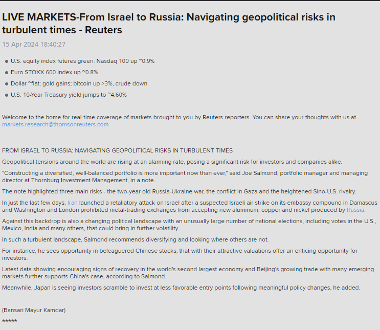 As geopolitical tensions resurface, a short blog for @Reuters on where to invest and how to manage risk and volatility.