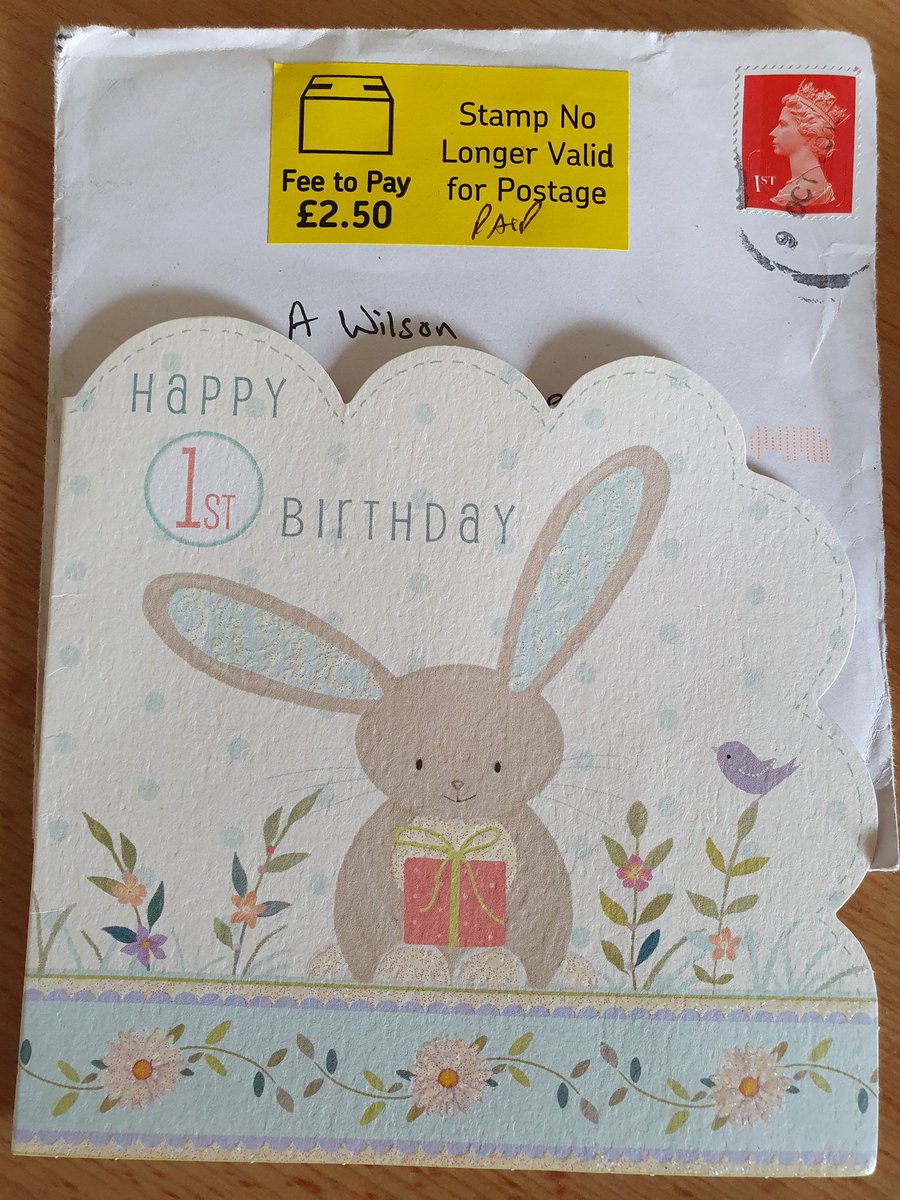 Rich200Wilson's tweet photo. @RoyalMailHelp I'm puzzled over why I had to pay £2.50 last week for the delivery of this birthday card for my son. His first birthday was in October 2015, so it's taken @RoyalMail 8 &amp; a half years to deliver it. Furthermore, the stamp used was valid at that time! https://t.co/JZ4KYOr7LI