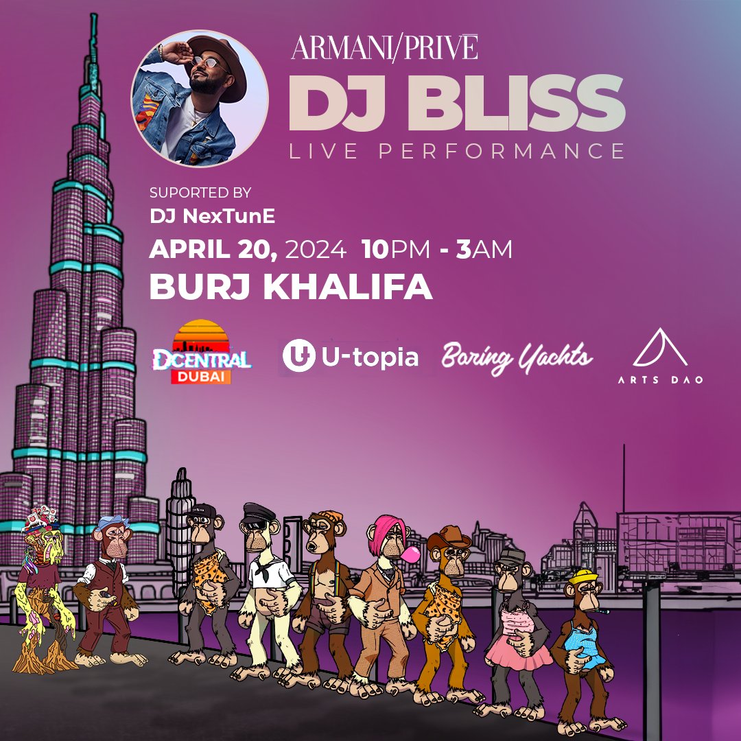 BORING YACHTS AT BURJ KHALIFA✨ One of the most iconic buildings in the world will be the stage for our first stop in Dubai 🏙🇦🇪 Join us at the official after-party of @artsdaofest for non-stop fun with a bunch of degens and the beats of @DJBLISS! 🎵 @BoredApeYC🐒