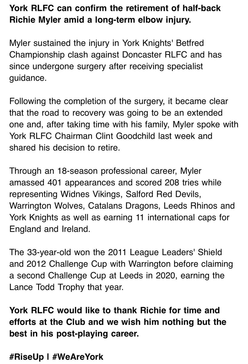 York Knights have confirmed the retirement of half-back Richie Myler amid a long-term elbow injury.