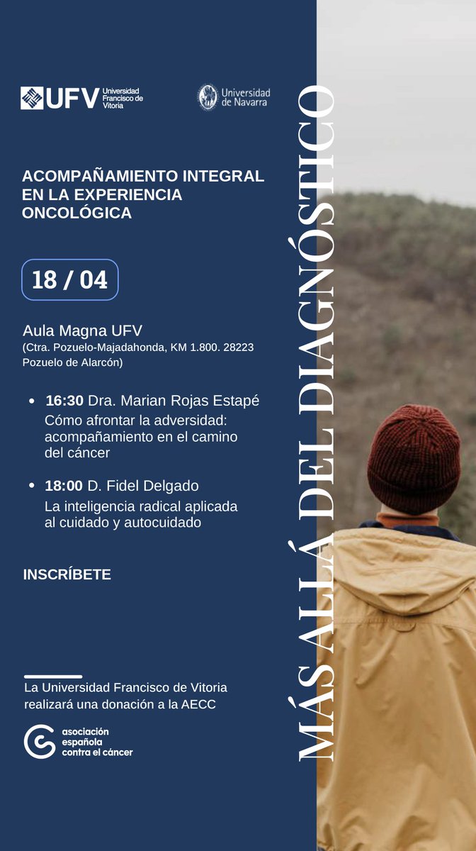 🗓️Este jueves 18 de abril tendremos en el Aula Magna de la #UFV dos ponencias acerca del acompañamiento integral en la experiencia oncológica.

Puedes acceder a las últimas entradas al evento en este enlace ⬇️ufv.jotform.com/j.maritza.solo…