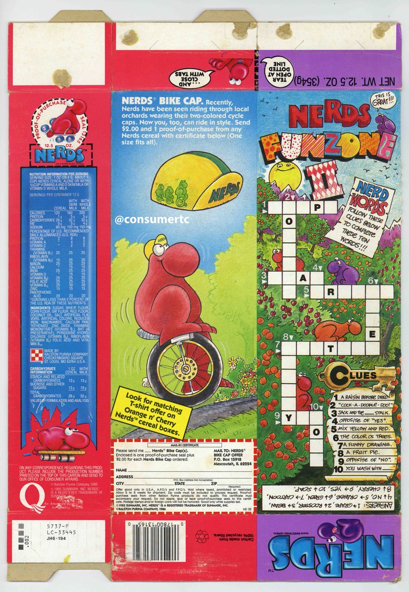 In 1985, Ralston introduced NERDS CEREAL. Just like the candy, each box was divided into two flavors - in this case, Grape & Strawberry. A cool detail is every box also had TWO promotions, like a 'bike hat' and 'fun zone.' Cereal just isn't this fun anymore.