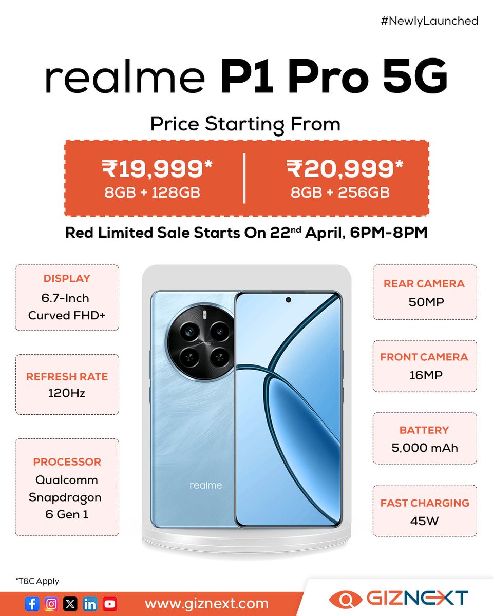 realme has launched P series. 📱

P1 5G, the Fastest Chipset Under 15K, starting from ₹14,999. 🚀
Early Bird Sale starts on 15th April, 6PM–8PM on Flipkart and realme.com 💸
🎨Available in Two Colors
💧 IP54 Water and Dust Resistant
🌧️Rainwater Touch
🔊Dual Speaker