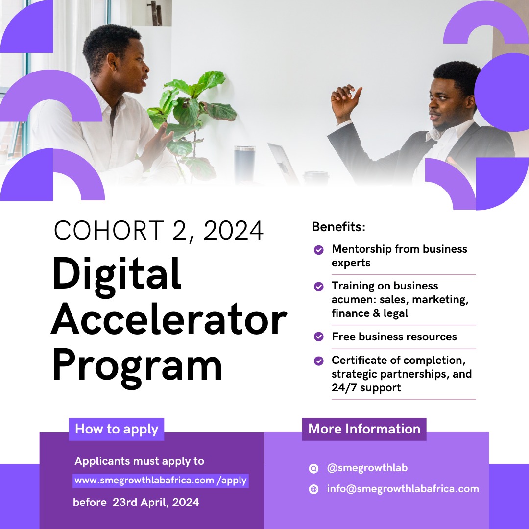 We've received 500+ applications to the 2nd COHORT of our 2024 Digital Accelerator Program. If you're an entrepreneur operating in Africa, and you desire to upskill yourself and get mentored by business experts, this program is for you. APPLY: smegrowthlabafrica.com/apply