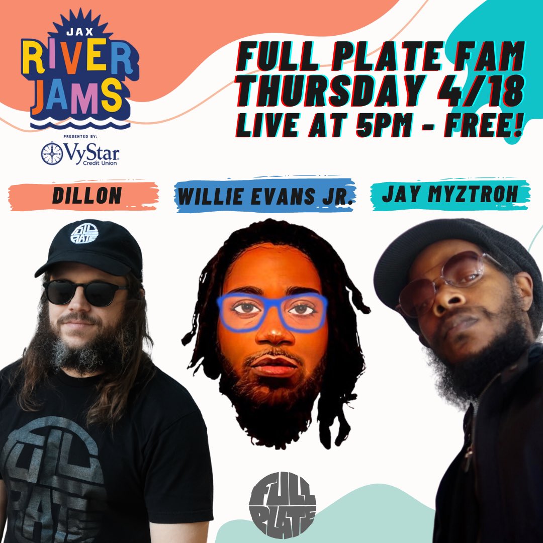 DUVAL! This Thursday 4/18 meet us downtown for Jax River Jams. The @fullplatefam (Dillon x <a href="/Willieev/">Willie Evans Jr.</a> x <a href="/jaymyztroh/">Jay Myztroh</a>) will be hitting the stage at 5pm sharp, opening for <a href="/EarthGang/">EARTHGANG</a>. FREE SHOW, get there early!

#FullPlateFam #Earthgang #JaxRiverJams #DowntownJax