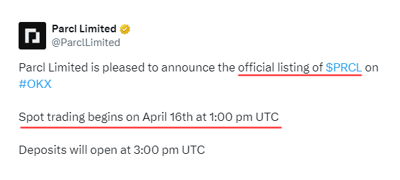 Parcl Airdrop Incoming! 🪂 - Official listing on OKX tomorrow, 16 April. - Trading begins at 1 PM UTC. Allocation checker will be live soon today.