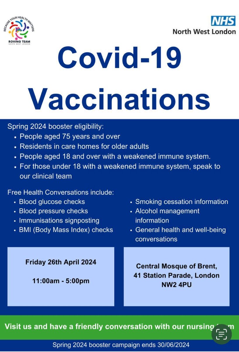 Salaam Dear Brothers This coming Friday 26th April 2024 from 11am the NWL Hrakth Team will be at the Medical Health Centre and will be doing Covid 19 Vaccines Flu Vaccines BP and Glucose checks Smoking Cessation BMI checks General Health checks Come and get checked