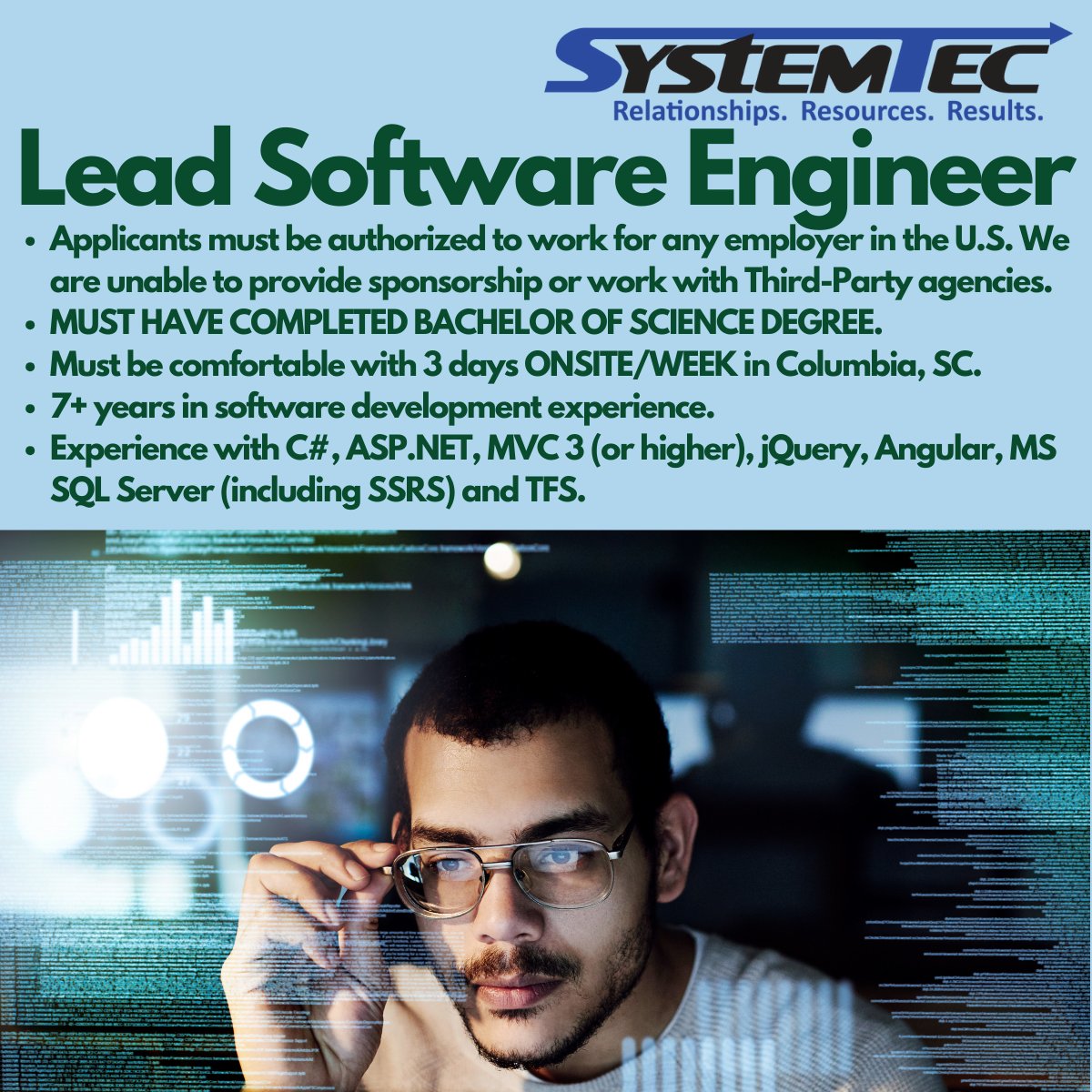 We're hiring a Lead Software Engineer for a hybrid role in Columbia, SC! Learn more and apply today systemtec.net/available-posi…

#softwareengineers #columbiasc #scjobs #itjobs #hiringnow #dotnetdeveloper #angular