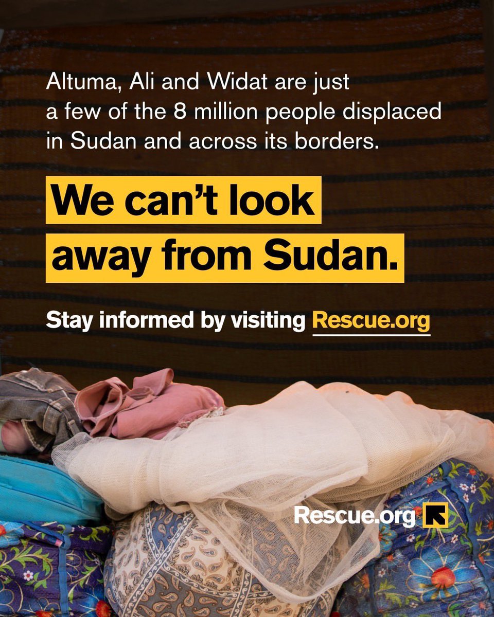 “Today marks exactly one year of conflict in #Sudan. Over 8 million people have been forced to flee their homes and nearly half the population—25 million people—are in need of humanitarian assistance. Go to Rescue.org to learn more and to help.” #TalkAboutSudan