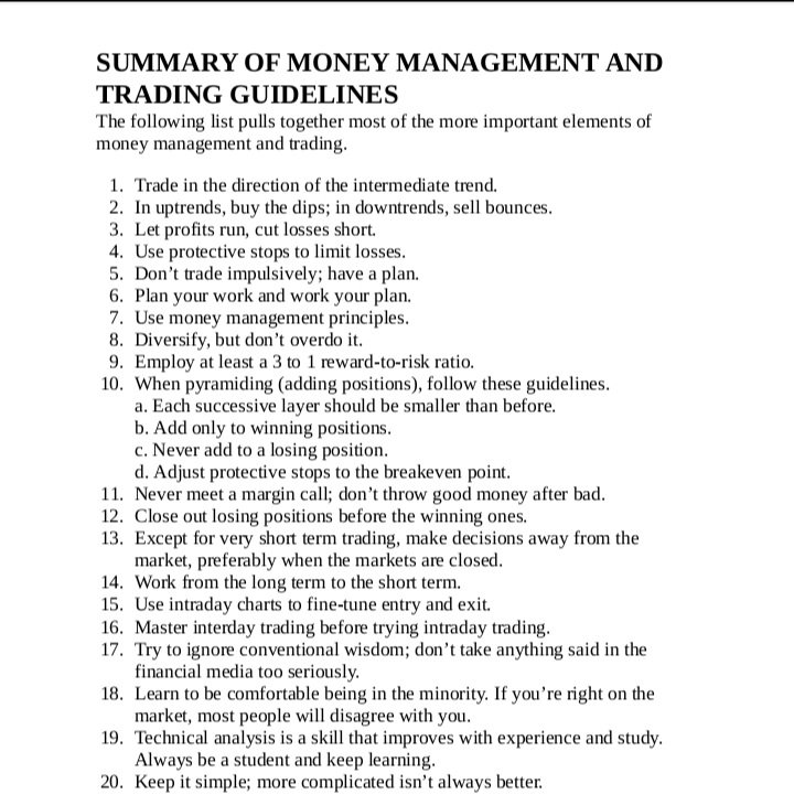SUMMARY OF MONEY MANAGEMENT AND TRADING GUIDELINES.