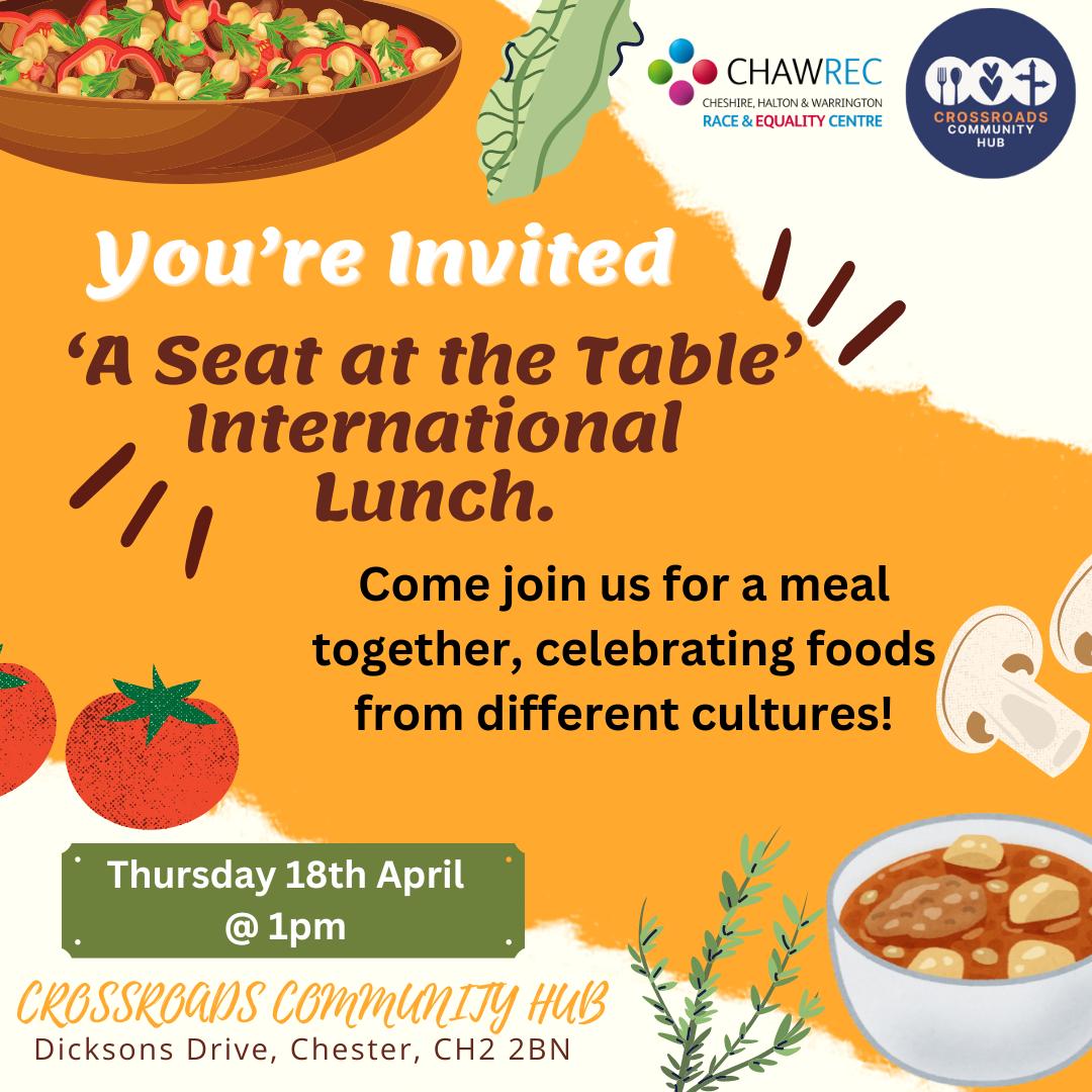 You're invited to our international lunch. it's free! our wonderful cafe is open too this week too. So come on down! @crossroads_hub @WarmWelcome_UK