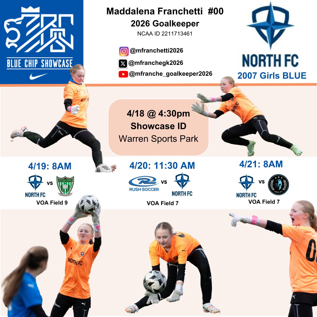 MFrancheGK2026's tweet photo. #Bluechipshowcase this weekend! Come watch us play! I'd love to meet you at the showcase ID also. 
#goalkeeper #classof2026 #soccer #recruitment
@ImYouthSoccer
 @PrepSoccer 
@SoccerMomInt https://t.co/5BRFHew6Bi