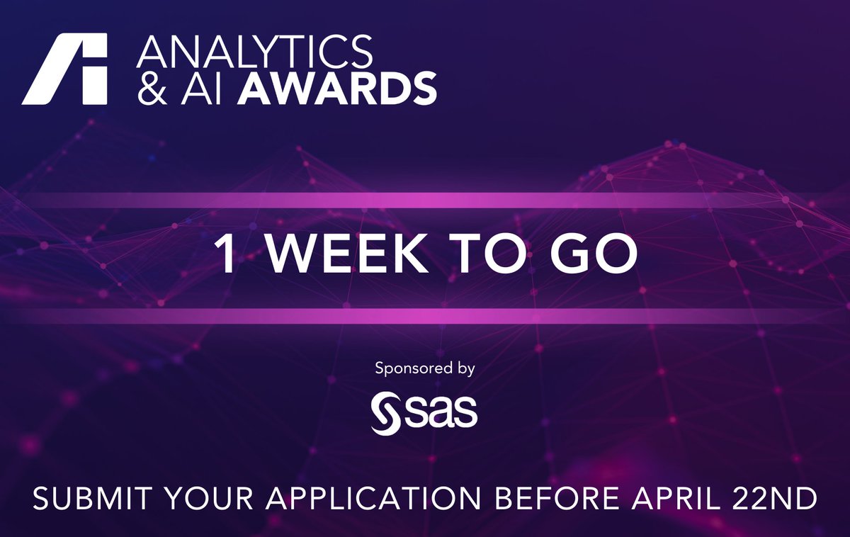 There is just one week to go until applications for the 2024 Analytics & AI Awards are officially closed. Submit your application today: analyticsinstitute.org/event-calendar… With thanks to our headline sponsor @SASsoftware #AnalyticsAwards2024 #TheAnalyticsInstitute