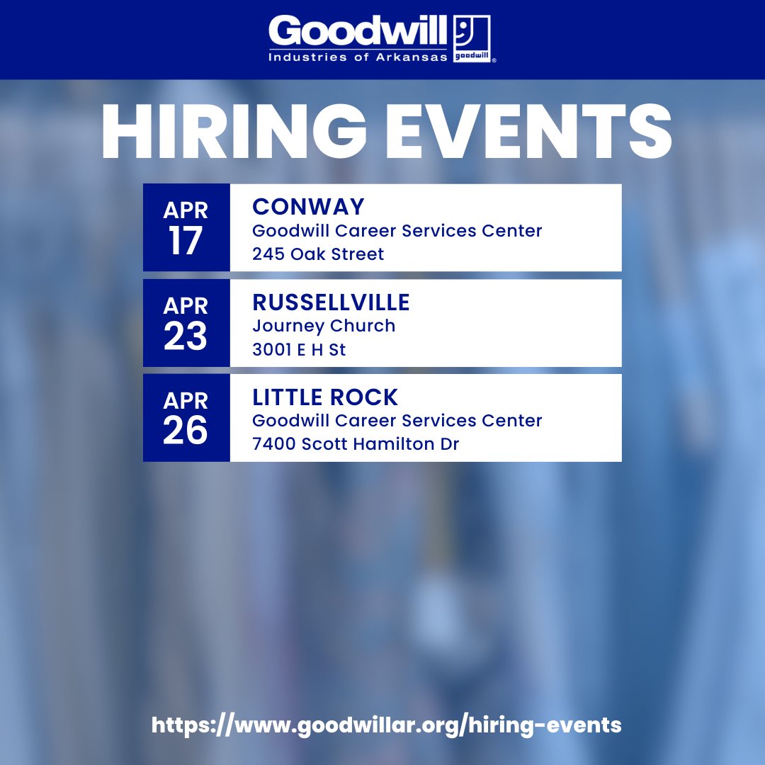 Conway, Russellville, and Little Rock! We have hiring events happening near you. 🎉 For more information, visit our Hiring Events page: goodwillar.org/hiring-events Make sure to have that resume ready and we hope to see you then! 💙 #goodwillar #teambluear #jobs
