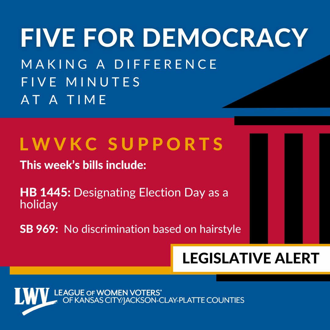 LWVKC: 🚩Opposes ➡️Guns in schools except for law enforcement 🚩Supports ➡️State holiday for Election Day ➡️Efforts to prevent and/or remove discrimination in education, employment, and housing house.mo.gov senate.mo.gov #VOTE