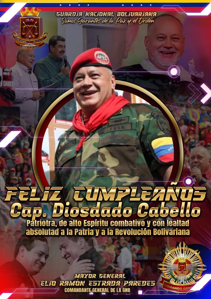 En nombre de la familia Guardia Nacional Bolivariana, con profundo aprecio felicitamos a nuestro camarada y compatriota, mi Cap. Diosdado Cabello, que este año de vida, este rodeado de alegría, unión y de fuerza revolucionaria para seguir luchando por la Patria ¡Venceremos!