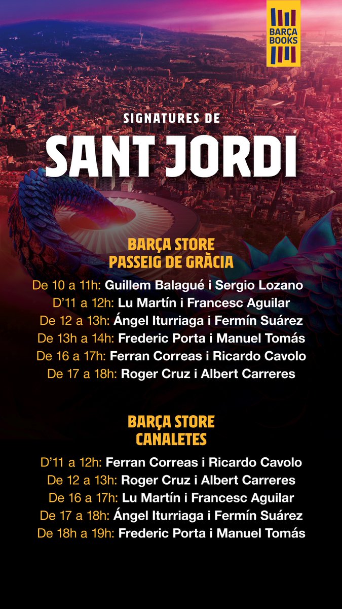 Ya queda poco para Sant Jordi. @FerminSuarez03 y servidor os esperamos en las tiendas del Barça. Esta es la convocatoria de #BarçaBooks, con @fredericporta, @Leunamsamot1964, @GuillemBalague, @LuMartinBCN @lumartin @FApor_elmundo, @sergiolozano09 o @ferrancorreas